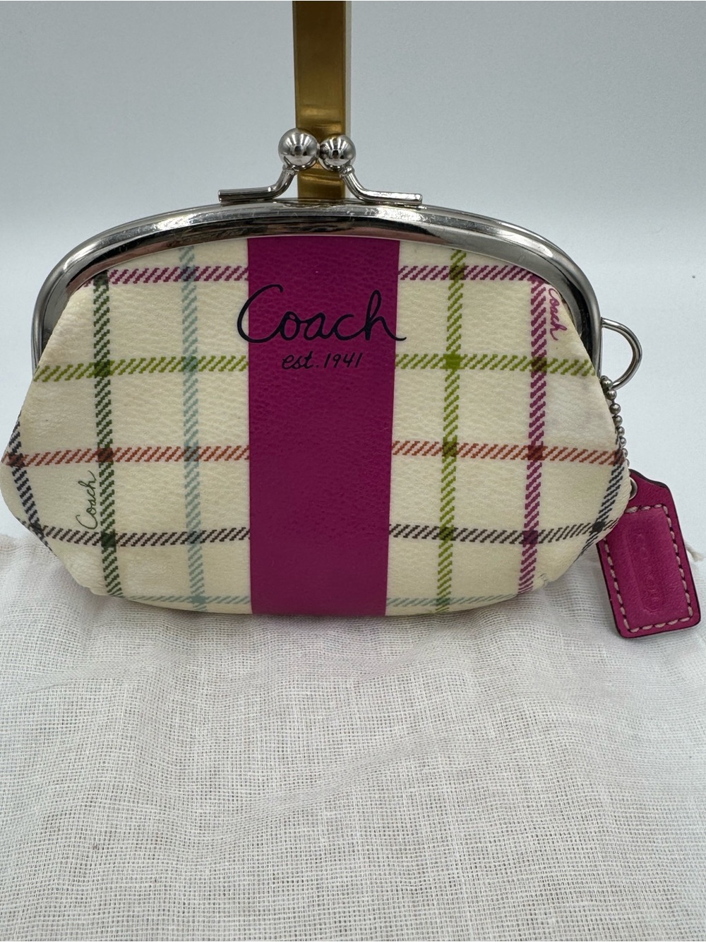 Coach Tattersall Coin Purse with Pink Hang-Tag